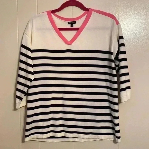 Talbots Large Petite Lightweight Sweater with Pink and Navy Blue Stripes. - Picture 1 of 4